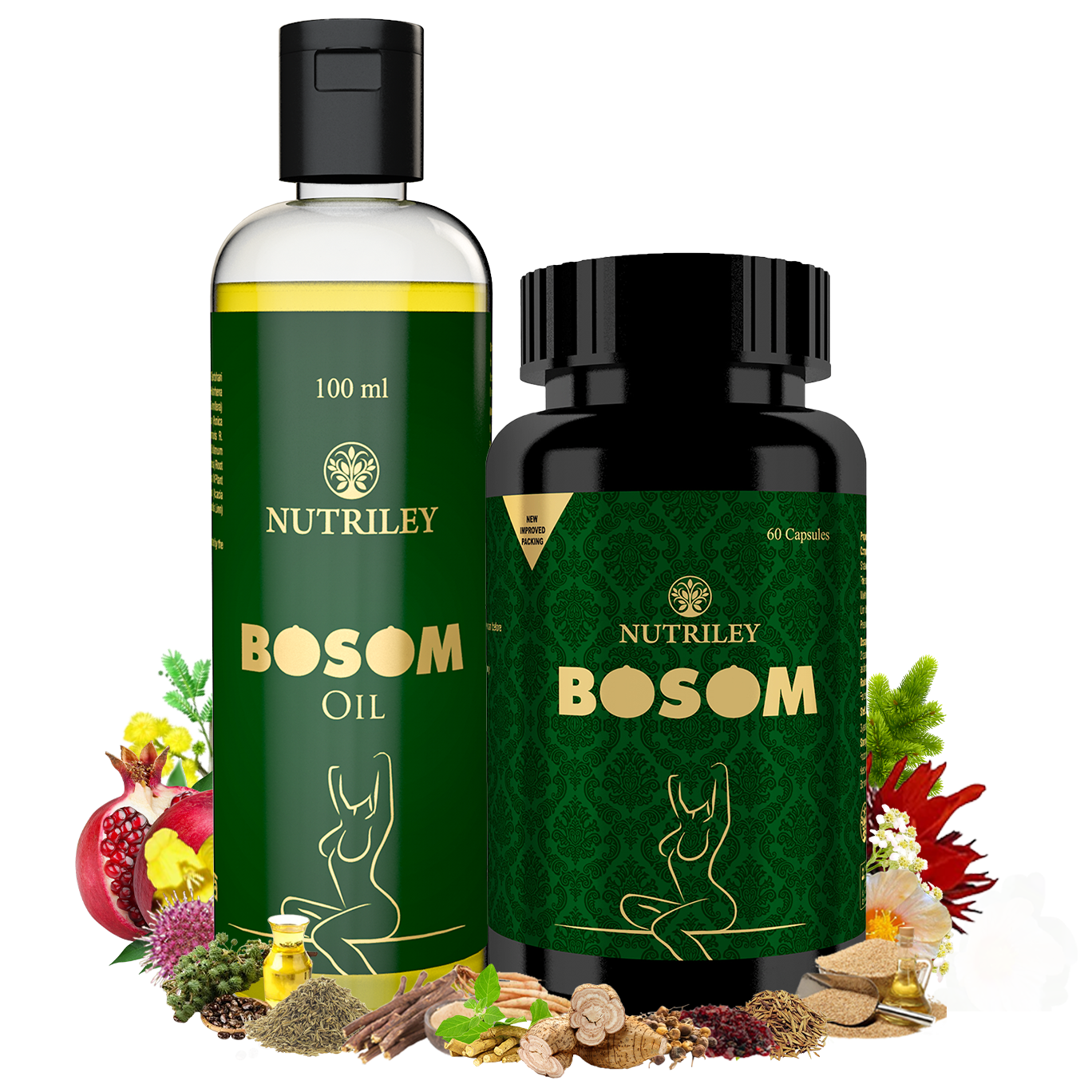 Nutriley Bosom - Breast Enlargement Capsules (60 Capsules) & Enlargement Oil (100 ML)