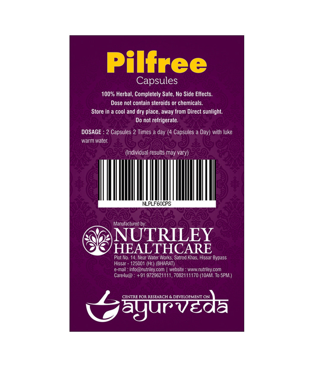 CRD Ayurveda Pilfree - Piles Care Capsules (60 Capsules) - Pack of 2